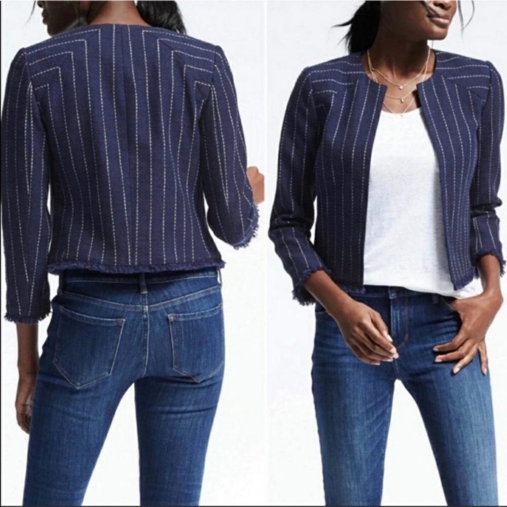 Banana Republic Blue Pinstripe Blazer, Fringe Hems